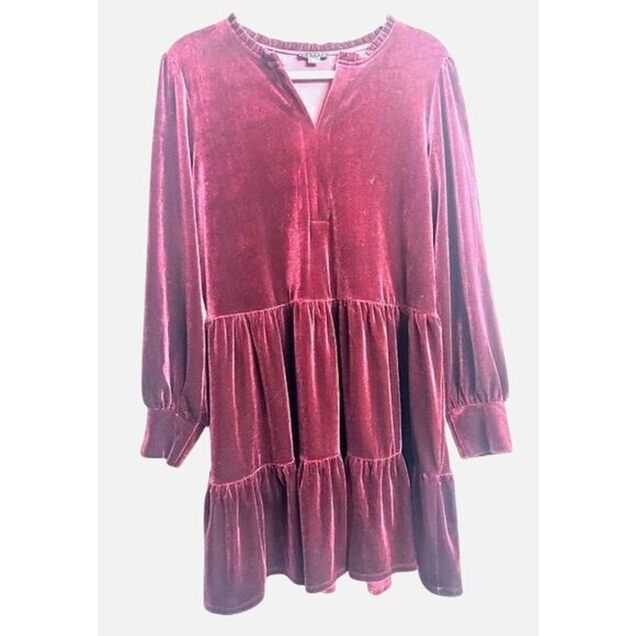1. State Burgundy Velvet Ruffle Ballon Sleeves Tiered Flowy Boho Mini Dress XL - Picture 2 of 8